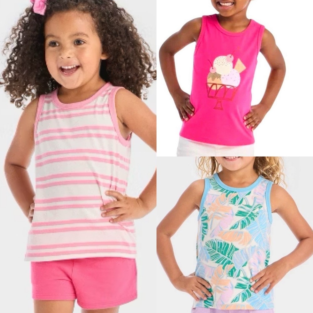 Lot of 3 Cat & Jack Girls 5T Summer Tank Top Ice Cream Stripes Tropical Palm NWT